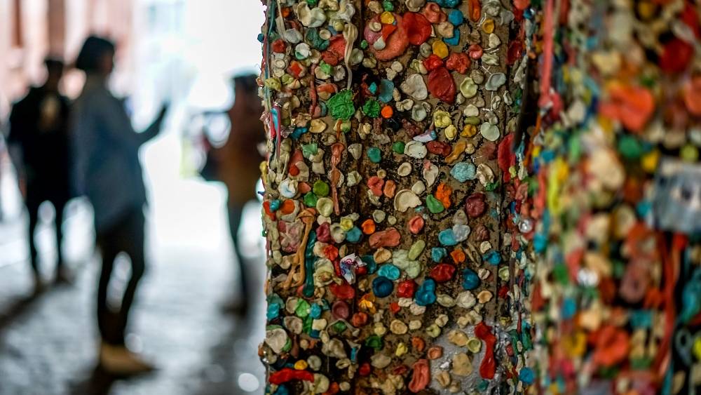 close up of seattle gum wall along seattle waterfront