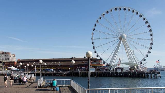 The Great Wheel and Miner's Landing are two of the main attractions at Seattle Waterfront park