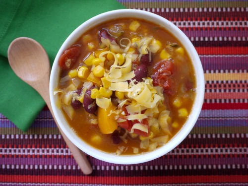 A bowl of Mexican corn soup that was made from a crock pot recipe
