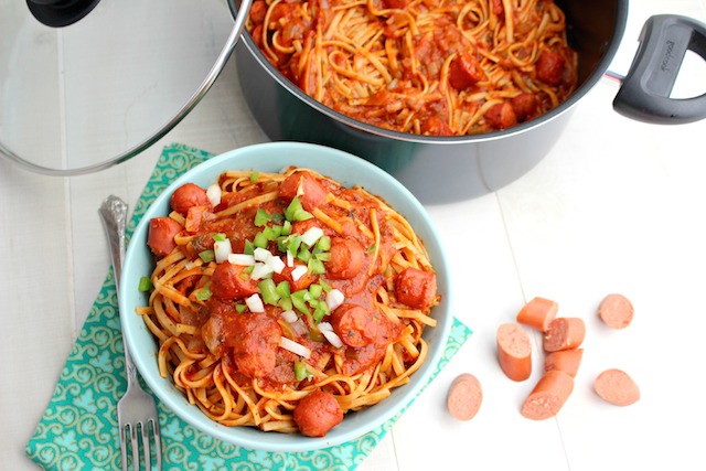 One Pot Spaghetti with Hot Dogs