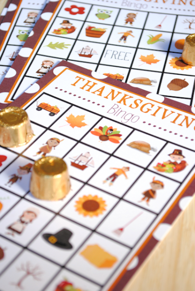 Printable picture cards from a Thanksgiving bingo game using candy as markers