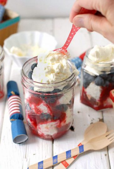 blueberry and strawberry trifle in a jar for Memorial Day