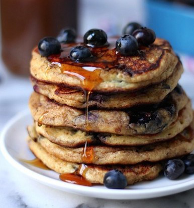 stacked blueberry pancakes