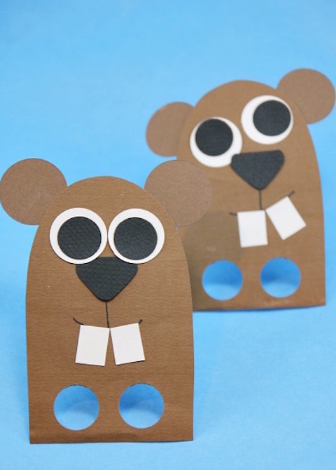 a picture of a fun Groundhog Day craft, groundhog finger puppets