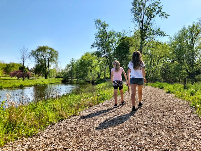 two girls in nature at Morton Arboretum in Chicago