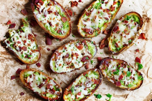 Potato skins made with bacon and kale as an easy sheet pan dinner