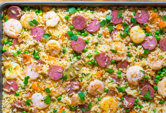 A simple-to-make paella with fresh shrimp, chorizo, peas, and easy-cook rice