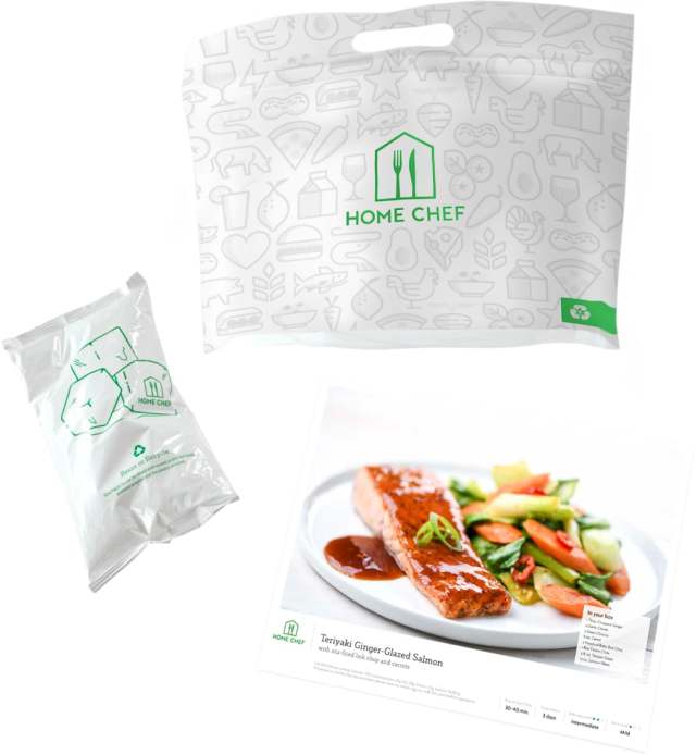 A photo of Teriyaki Ginger-Glazed Salmon next to vegetables on a plate sits beside other packages from meal delivery service Home Chef