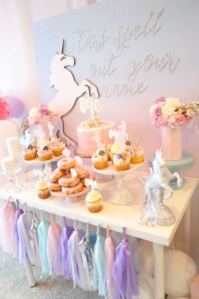 Ethereal unicorn party decorations in pink and violet from Kara's Party Ideas