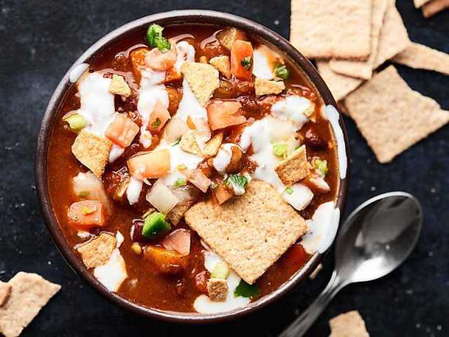 Vegetarian chili sits in a crock pot after being cooked