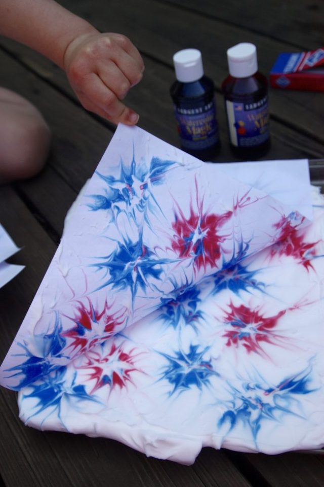red, white and blue fireworks made from shaving cream for a fourth of July craft