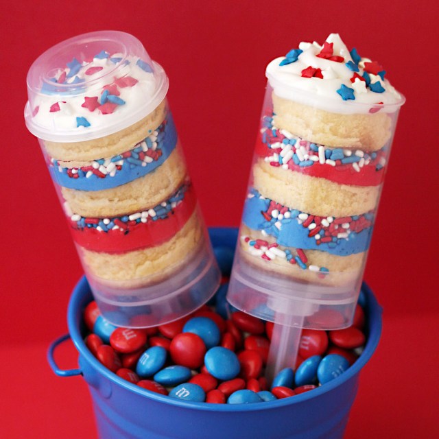 red, white and blue cakes in a push up container for Memorial Day