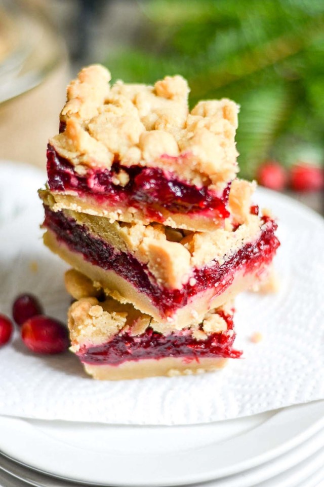 A stack of three cranberry shortbread bars