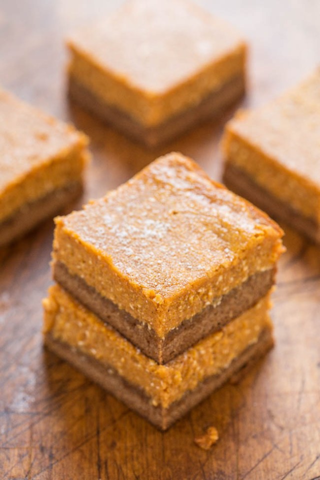 Pieces of pumpkin gooey butter cake ready to serve at your Thanksgiving dinner in place of pie