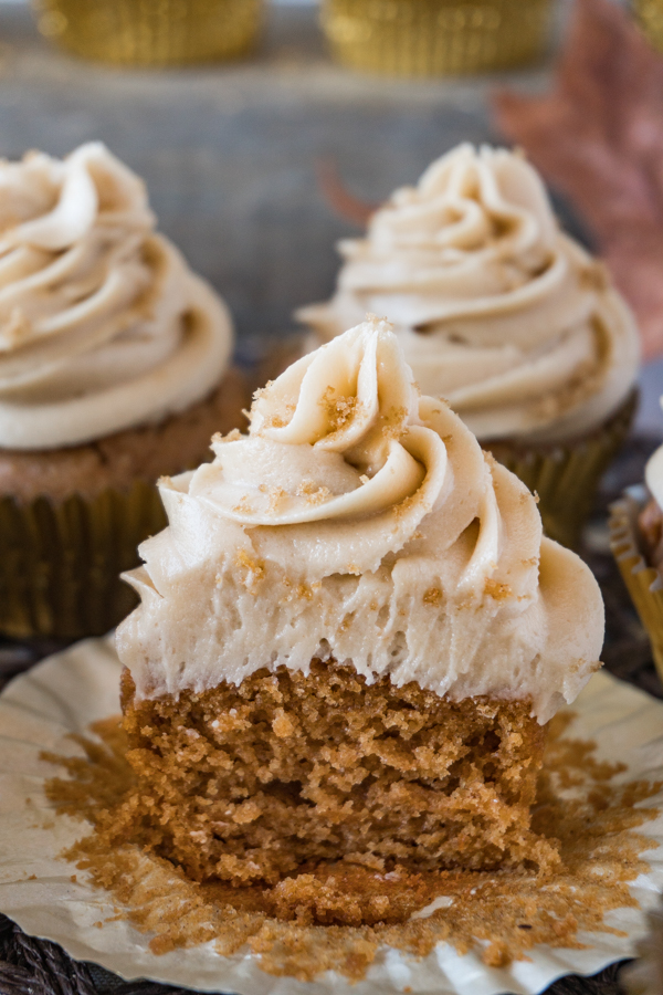 Gluten-free cupcakes topped with a brown sugar buttercream