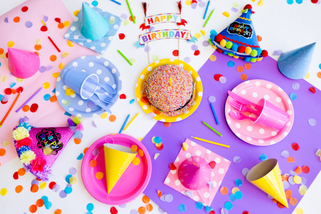 birthday hats, sprinkles, cake
