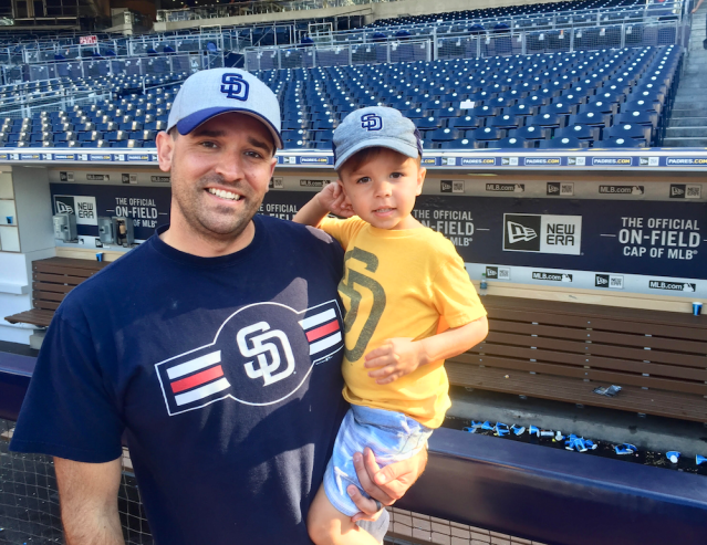 father, son, baseball, San Diego Padres, dug out, Petco Park, field, stadium