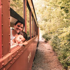 mother and son staring out of train window