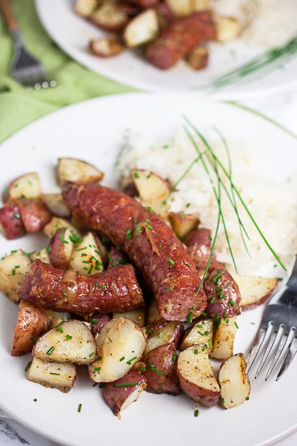 Smoked sausage and potatoes made from an easy sheet pan recipe