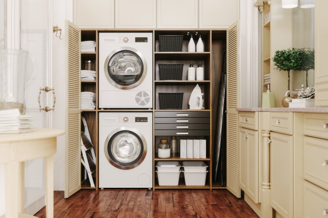 picture of a built-in laundry room, a great laundry room storage idea