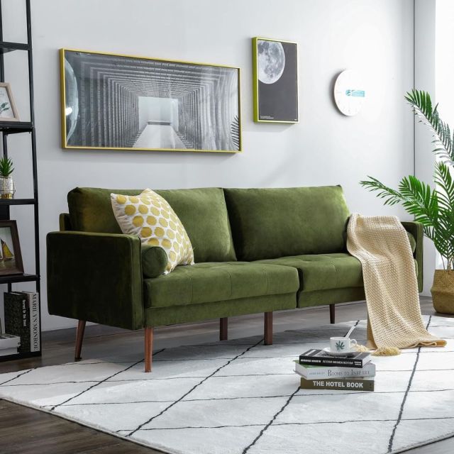 green velvet sofa in living room