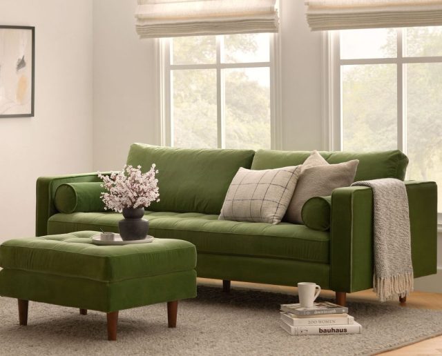 green velvet sofa and ottoman
