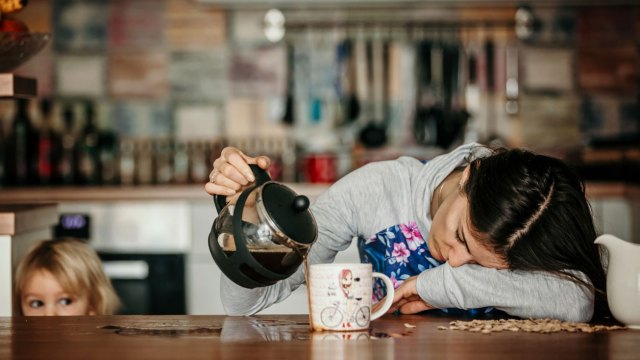 tired mom pouring coffee