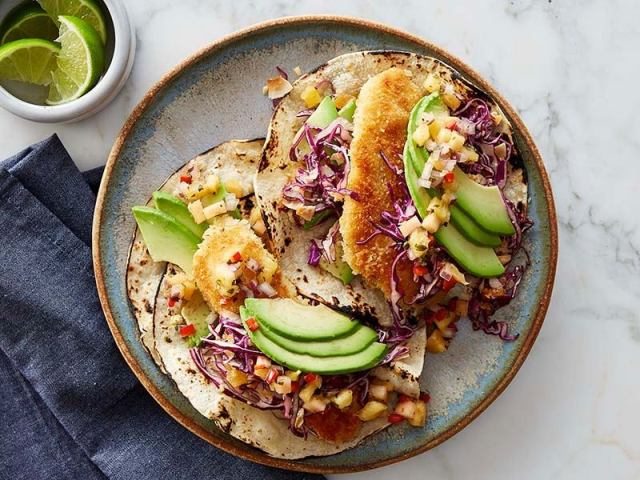 Tacos with avocado and cabbage from Gobble meal delivery service are prepared on a plate