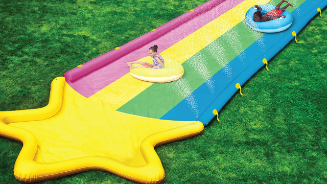 This Enormous Rainbow Slide Has a Pool & a Sprinkler!
