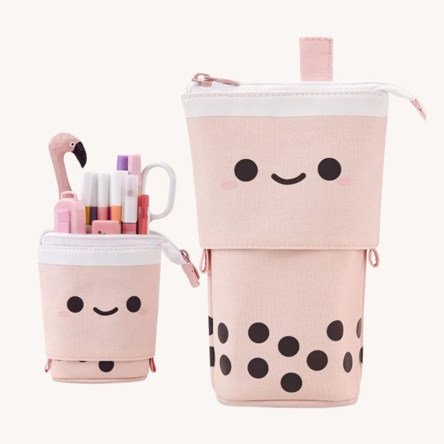 a pink boba tea shaped pencil case