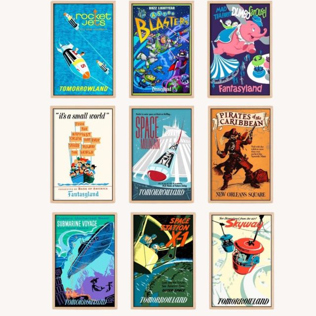 set of 9 vintage disney ride posters