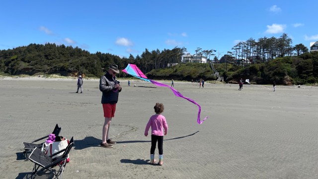 A family flies kites on the beach at Seabrook, WA