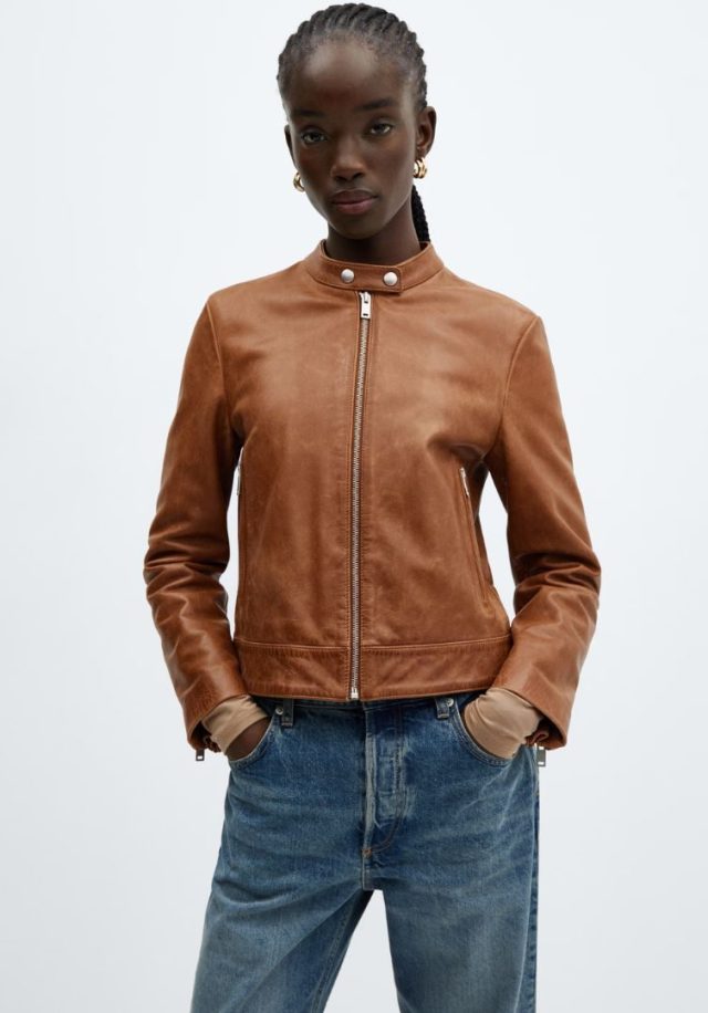 woman wearing leather jacket