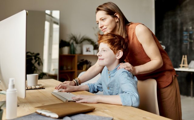 online classes, virtual learning, education, mother, mom, son, learning, computer, screen
