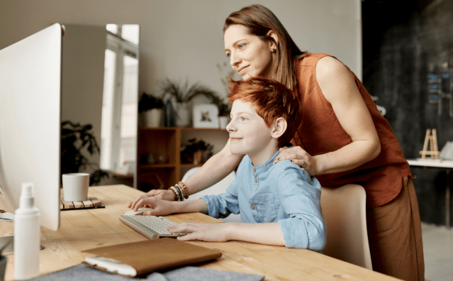 mother, computer, son, online classes, virtual learning, games, computer, screen, education