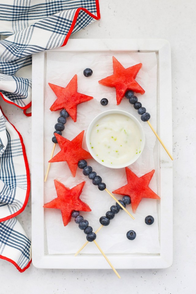 Star shaped watermelon on sticks with a dip for a Memorial day treat