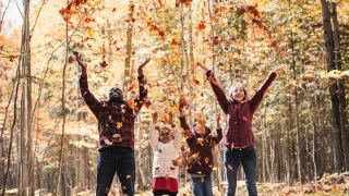 a family throws leaves into the air during a fall foliage fall colors hike