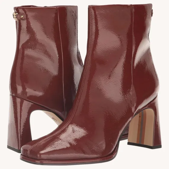 shiny brown heeled booties