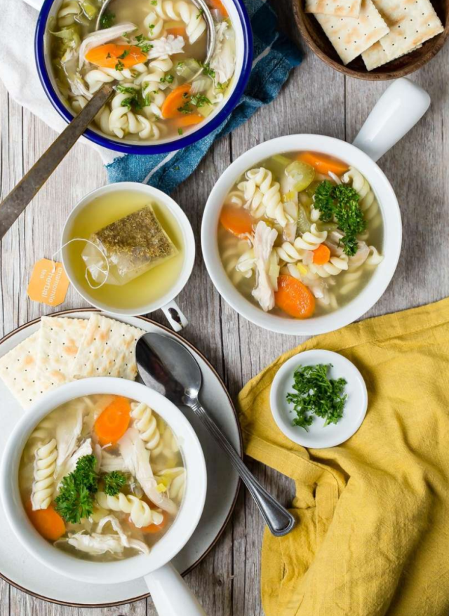 Bowl of chicken noodle soup, one of our favorite crock pot recipes