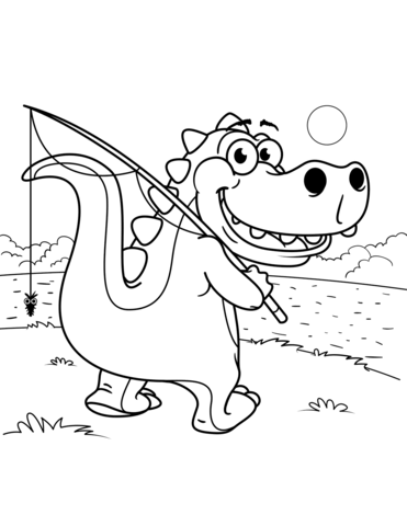 cool coloring page of a dinosaur fishing