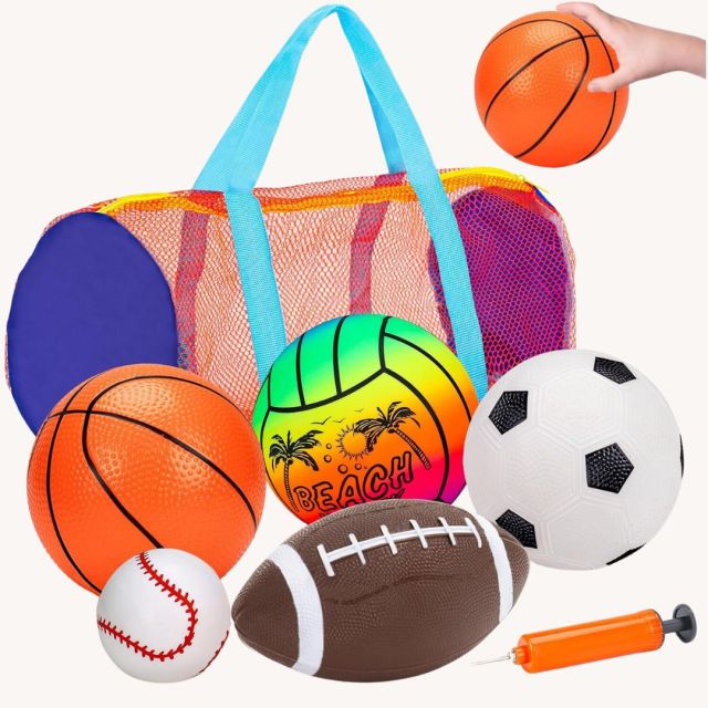set of 6 small inflatable sports balls and carrying bag