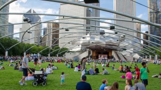 Chicago Jazz Festival ampitheater with crowd sitting in grass