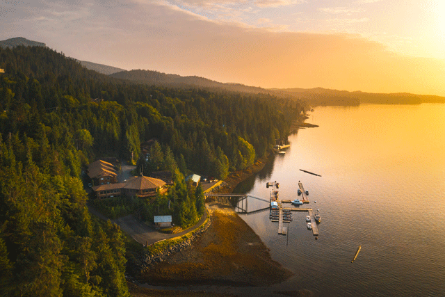 Aerial of Salmon Falls all-inclusive resort for families Alaska