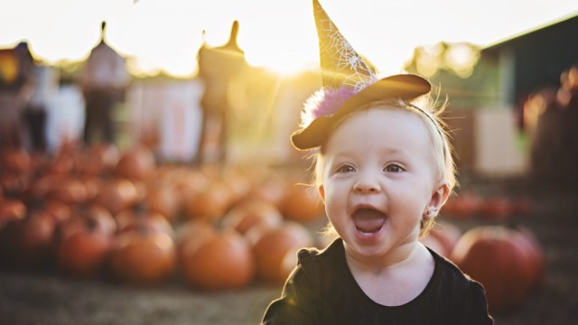 a baby sits open-mouthed in a pumpkin patch field wearing a witch hat
