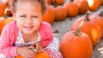 a girl in a pink dress sits by a pumpkin in a pumpkin patch