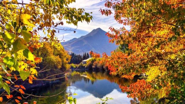 Red, Yellow, Orange leaves fall colors in Seattle frame a mountain and lake outside of Leavenworth