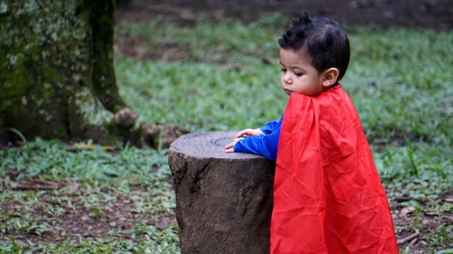 a little boy in a halloween costume stands outside by a tree stump
