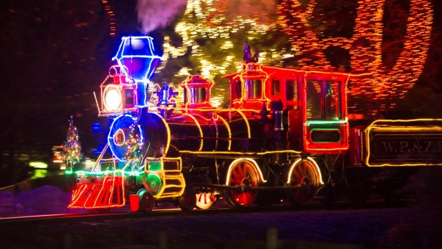 a lighted train runs through the Oregon Zoo during Portland Christmas lights season