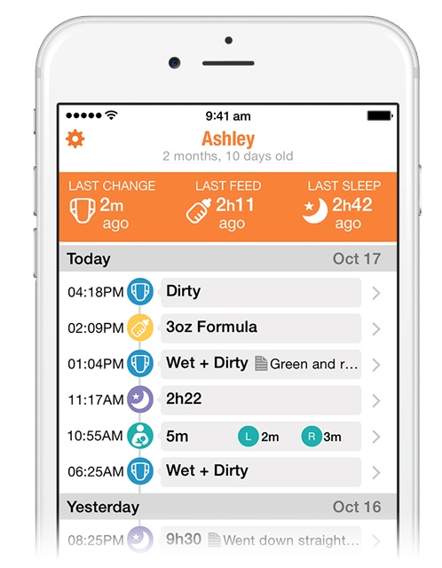 a best baby tracking app on a smartphone with an orange band at top