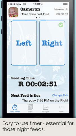 a baby tracking app shows which side baby last fed on on an iphone